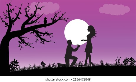 Pareja romántica propone en el cielo rosa fondo arte vectorial