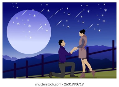 Romantic couple, proposing under the full moon, with a panoramic view of the stars and mountains at night.