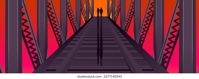 romantic couple at rail train while enjoying the sunset,vaporwave anime style