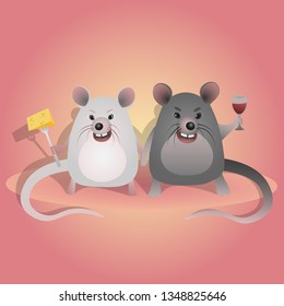 Romantic couple of rats gray and white. In their paws is a piece of cheese, pinned to a fork, and a glass of wine. Joyful mice smiling celebrating a delicious dinner. Cartoon paper vector illustration