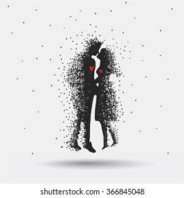 Romantic couple with red heart on white background. Vector eps10 illusration. Particle divergent composition