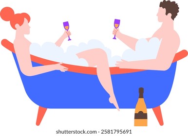 Romantic couple relaxing in a luxurious bathtub filled with foam, toasting with sparkling wine, and savoring a delightful moment of wellness and togetherness at home