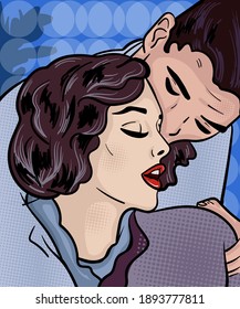 Romantic Couple In Retro Pop Art Style. Hand-drawn Vector Illustration.