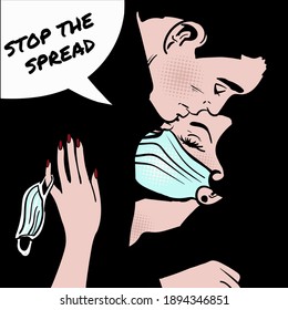 Romantic couple in retro pop art style with the speech bubble "Stop the spread". Hand-drawn vector illustration.