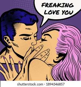 Romantic couple in retro pop art style with the speech bubble "Freaking love you". Hand-drawn vector illustration.