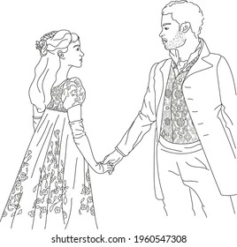 Romantic couple retro style line art coloring page, Vintage characters hand drawn vector illustration 