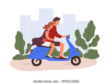 Romantic couple riding a scooter. Young man and woman traveling by motorcycle together in summer. Guy driving moped. Colored flat vector illustration isolated on white background