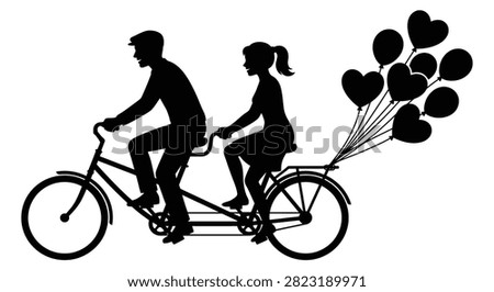A romantic couple riding a tandem bicycle with heart shaped balloons in a creative black and white silhouette