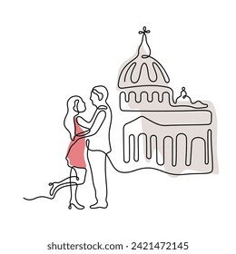 Romantic couple in Rome one line illustration