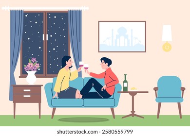 Romantic couple in room. Dating at home, cute young adult man and woman sitting on sofa and drinking wine. Love relationship, family recent vector scene