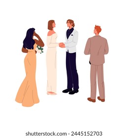 Romantic couple says its wedding vows on marriage ceremony. Bride and groom hold hands. Newlywed family with their friends celebrate marry. Flat isolated vector illustration on white background