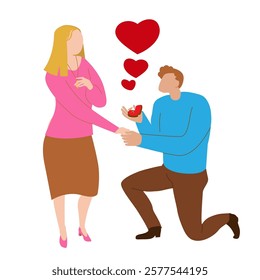 romantic couple scene. A man proposes marriage to a woman.  Flat style vector illustration isolated on white background for postcard, poster, article, 14 February, valentines day concept 