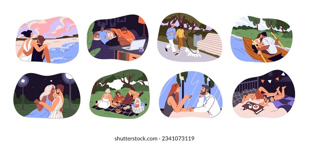 Romantic couple set. Homosexual and heterosexual relationships. Gays, lesbians, men, women spend time together, love, hug, kiss, dance, walk, cuddle on date. Flat isolated vector illustration on white