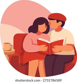 Romantisches Paar mit einem roten Buch, während es während des Valentinstag auf einem gemütlichen Sofa sitzt. Warme Indoor-Szene in einer flachen isometrischen flachen Vektorgrafik.