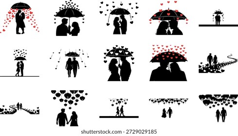 Romantic couple sharing an umbrella while walking in the rain, surrounded by falling hearts, symbolizing love and affection in a minimalist flat design vector.