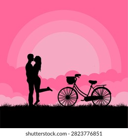 romantic couple silhouette bicycle sunset background vector