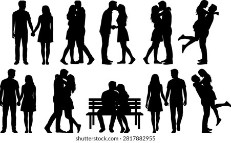 Romantic Couple Silhouette Collection with Hugging, Kissing, Holding Hands and Love Poses Vector Set