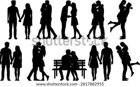 Romantic Couple Silhouette Collection with Hugging, Kissing, Holding Hands and Love Poses Vector Set