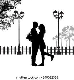 Romantic couple silhouette embrace in love on beautiful landscape, vector illustration 