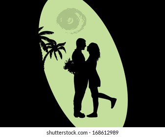 Romantic couple silhouette embrace in love on tropical landscape, vector illustration