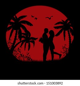 Romantic couple silhouette embrace over red sunset, vector illustration
