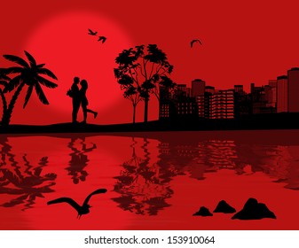 Romantic couple silhouette embrace over red sunset on cityscape with reflection on water, vector illustration