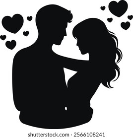 Romantic couple silhouette embracing with heart accents. Perfect for Valentine's Day themes, wedding invites, love designs, and romantic occasions. Elegant for personal and creative use.