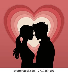 Romantische Paar Silhouette einander gegenüber mit geschichtetem Herz Hintergrund in warmen Rottönen. Perfekt für Valentinstag-Designs, Liebesgrußkarten, Hochzeitseinladungen und Social-Media-Beiträge.