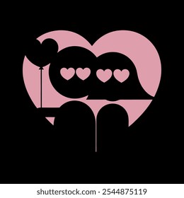 Romantic couple silhouette with heart balloon and speech bubble filled with hearts, perfect for Valentine's Day, love, and relationships designs.