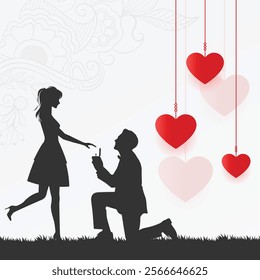 Romantic couple silhouette with hearts and a boy proposing to a girl. Designed for love concepts, Valentine's Day visuals, engagement illustrations, and wedding-related romantic themes and projects.