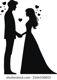 Romantic couple silhouette holding hands with hearts. Perfect for wedding invitations, Valentine’s Day designs, love-themed graphics, and romantic greeting cards or illustrations.