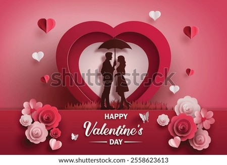 Romantic couple silhouette inside layered red heart frame with falling petals and paper flowers.