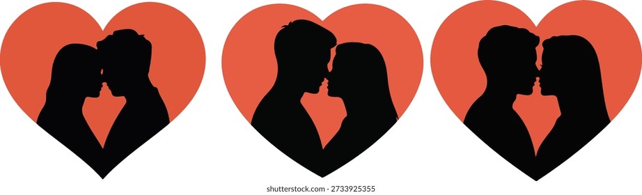 Romantic Couple Silhouette Inside Red Hearts: Set of Three Love Illustrations Featuring a Man and Woman About to Kiss, Perfect for Valentine's Day, Anniversary Cards, and Dating Graphics.