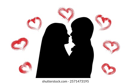 Romantic couple silhouette kissing surrounded by grunge hearts. Vector illustration