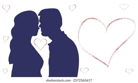 Romantic couple silhouette kissing surrounded by grunge hearts. Vector illustration