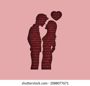 Romantic couple silhouette with love messages forming the texture and a floating heart.