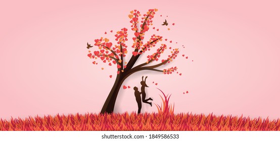 Romantic couple in silhouette with love tree vector image