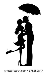 Romantic couple silhouette. Lovers woman and man kissing under umbrella