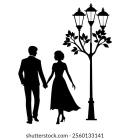 Romantic couple silhouette on an evening walk holding hands, perfect for vector design.