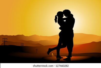 Romantic couple silhouette on the road.Vector illustration.