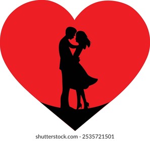 Romantic Couple Silhouette in Red Heart Symbol Hand drawing vector