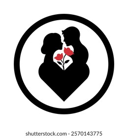 Romantic Couple Silhouette with Red Roses in a Heart Symbol