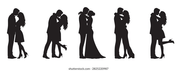 Romantic Couple Silhouette Set Showing Adults Kissing, Hugging and Sharing Affectionate Moments
