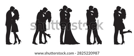 Romantic Couple Silhouette Set Showing Adults Kissing, Hugging and Sharing Affectionate Moments