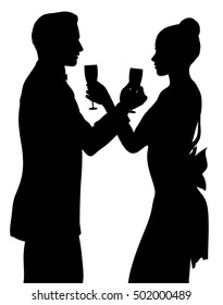 Romantic couple silhouette sharing glass of champagne isolated on white