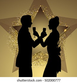 Romantic couple silhouette sharing glass of champagne 