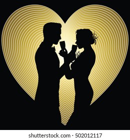 Romantic couple silhouette sharing glass of champagne