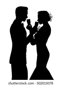 Romantic couple silhouette sharing glass of champagne isolated on white