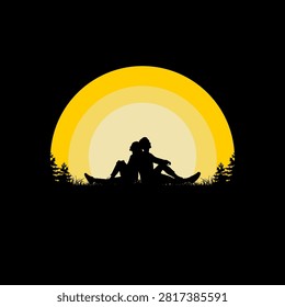 romantic couple silhouette sitting under sunset sky