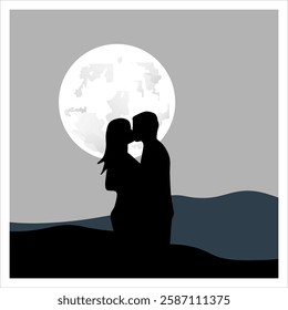 Romantic couple silhouette under the moonlight. Perfect for love-themed designs and invitations. Vector illustration